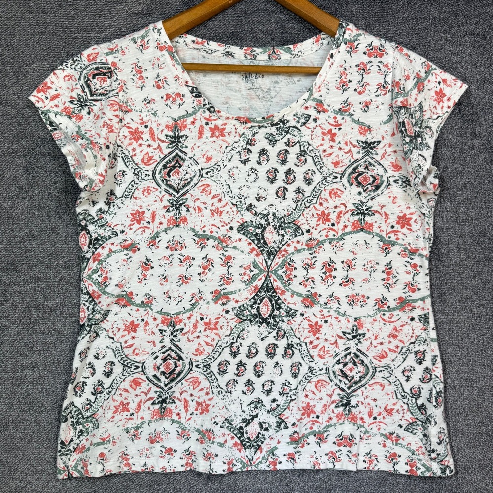 Style & Co T-Shirt Womens L Cotton Slub Medallion Paisley Coral Green